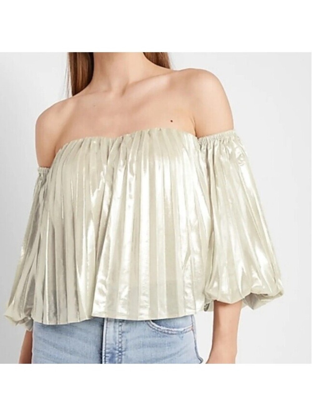 Express Size L Metallic Silver Pleated Off Shoulder Flutter Sleeve Blouse, NEW